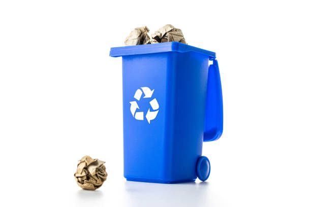 istock Bin collection. Blue dustbin for recycle paper trash isolated on white background. Container for disposal garbage waste and save environment. 1306895583