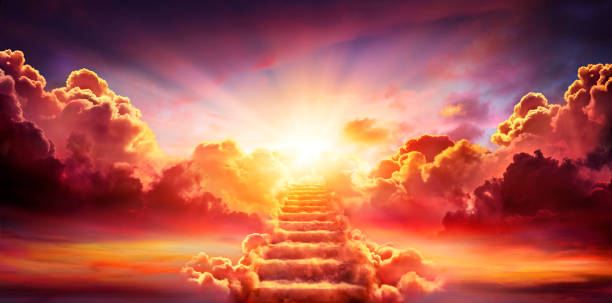 escalera que conduce al cielo al amanecer - resurrección y entrada del cielo - resurrection light religion sky fotografías e imágenes de stock