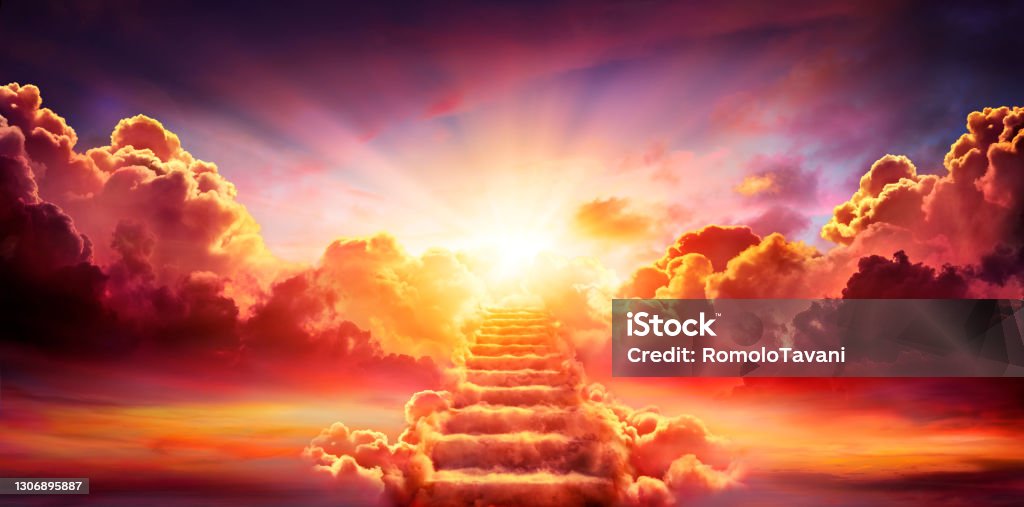 Stairway Leading Up To Sky At Sunrise - Resurrection And Entrance Of Heaven Staircase Leading Up To Sky At Sunrise - Resurrection And Entrance Of Heaven Heaven Stock Photo
