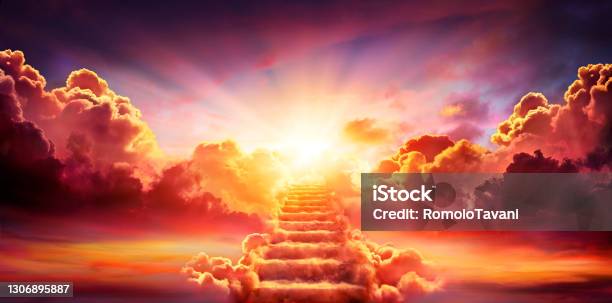 Stairway Leading Up To Sky At Sunrise Resurrection And Entrance Of Heaven Stock Photo - Download Image Now