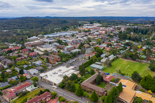 Aerial view of the town of Katoomba in The Blue Mountains in regional New South Wales in Australia