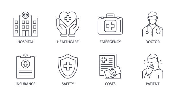 illustrations, cliparts, dessins animés et icônes de vector icônes soins médicaux. coup modifiable. assurance sécurité hospitalière médecin frais de soins de santé d’urgence des patients. illustration de ligne de stock sur le fond blanc - établissement médical