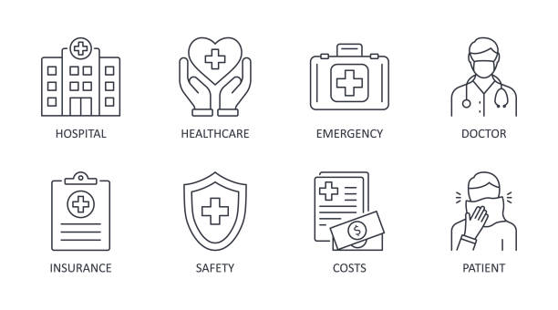 Vector icons medical care. Editable stroke. Hospital safety insurance doctor patient emergency healthcare costs. Stock line illustration on white background Vector icons medical care. Editable stroke. Hospital safety insurance doctor patient emergency healthcare costs. Stock line illustration on white background. doctor stock illustrations