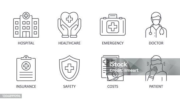 向量圖示醫療可編輯的筆劃醫院安全保險醫生病人緊急醫療費用白色背景上的庫存線插圖向量圖形及更多圖示圖片 - 圖示, 健保和醫療, 醫院