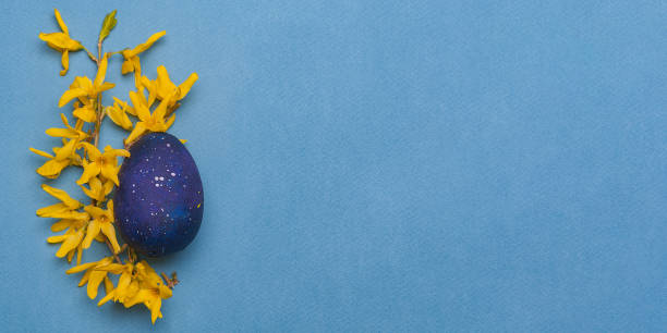 istock Blue easter egg with yellow flowers on a blue background. Top view. 1306901605