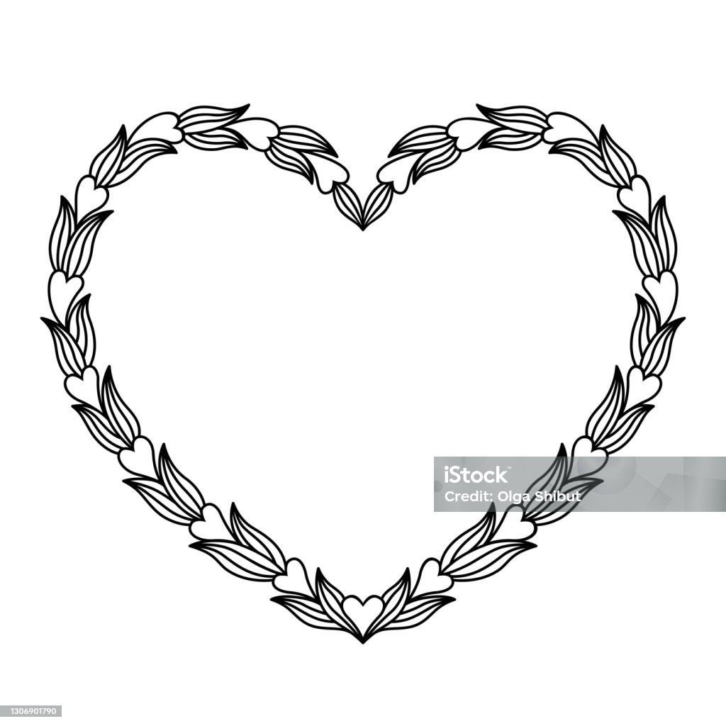 Vector Floral Heart Wreath Frame Of Leaves And Flowers Doodle