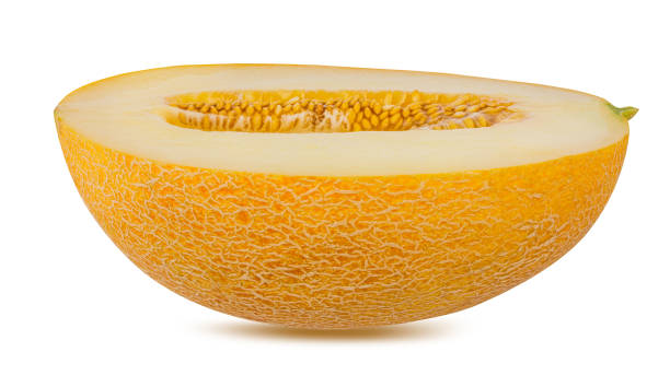 melone isoliert auf weißem hintergrund mit clipping-pfad - peach nectarine fruit portion stock-fotos und bilder