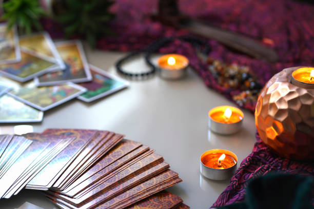 Tarot cards or fortune telling Tarot cards on wooden table. Fortune teller table. tarragon horizontal color image photography stock pictures, royalty-free photos & images