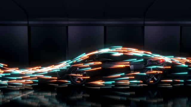 A sport black car drives inside the futuristic tunnel through neon lines.