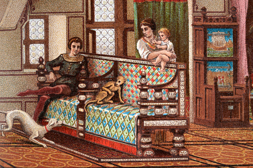 Vintage illustration of Family and their pets, dog, monkey, 12th Century French castle