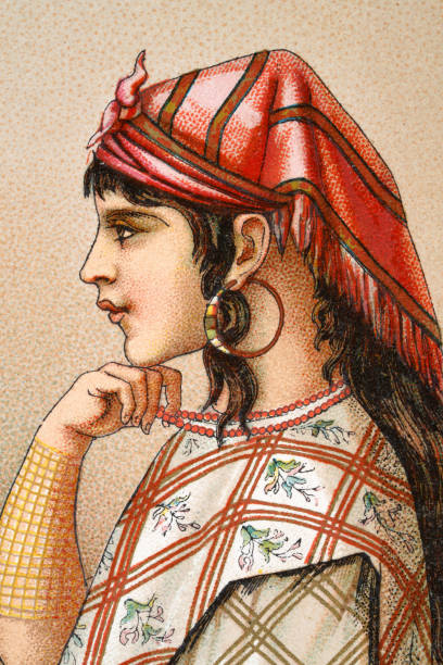 一個年輕的阿爾及利亞婦女的肖像，耳環，頭巾，珠項鍊，19世紀 - 阿爾及利亞 幅插畫檔、美工圖案、卡通及圖標