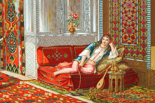 Vintage illustration of Young woman relaxing on a Ottoman, Turkey, 19th Century
