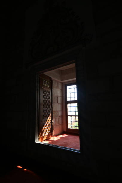 Edirne, Turkey-August 15, 2015: Wooden Covered Window Inside Edirne Yildirim Beyazit Mosque. Wood carved window.