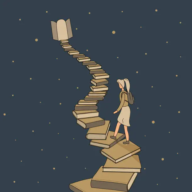 Vector illustration of Concept: book or reading is source of knowledge.Tiny girl climb up stack of books in form of ladder leading up to open door with light coming from it.On background of a starry sky.Hand drawn vector