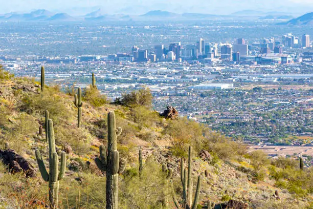 A scenic view of downtown Phoenix, Arizona from the heights of South Mountain.