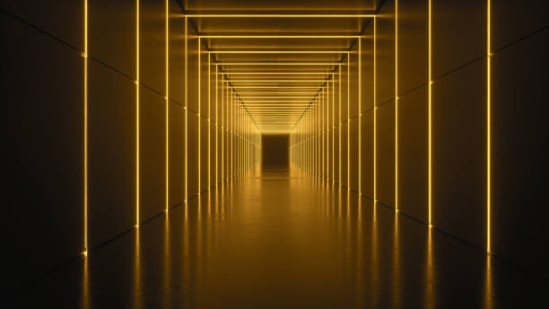 istock Long And Empty Futuristic Corridor Illuminated By Yellow Colored Light And Reflective Glossy Floor, 3d Rendering 1306917711