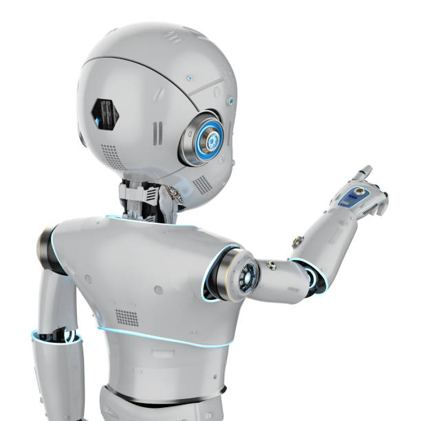 istock Cute robot with cartoon character finger point 1306918613
