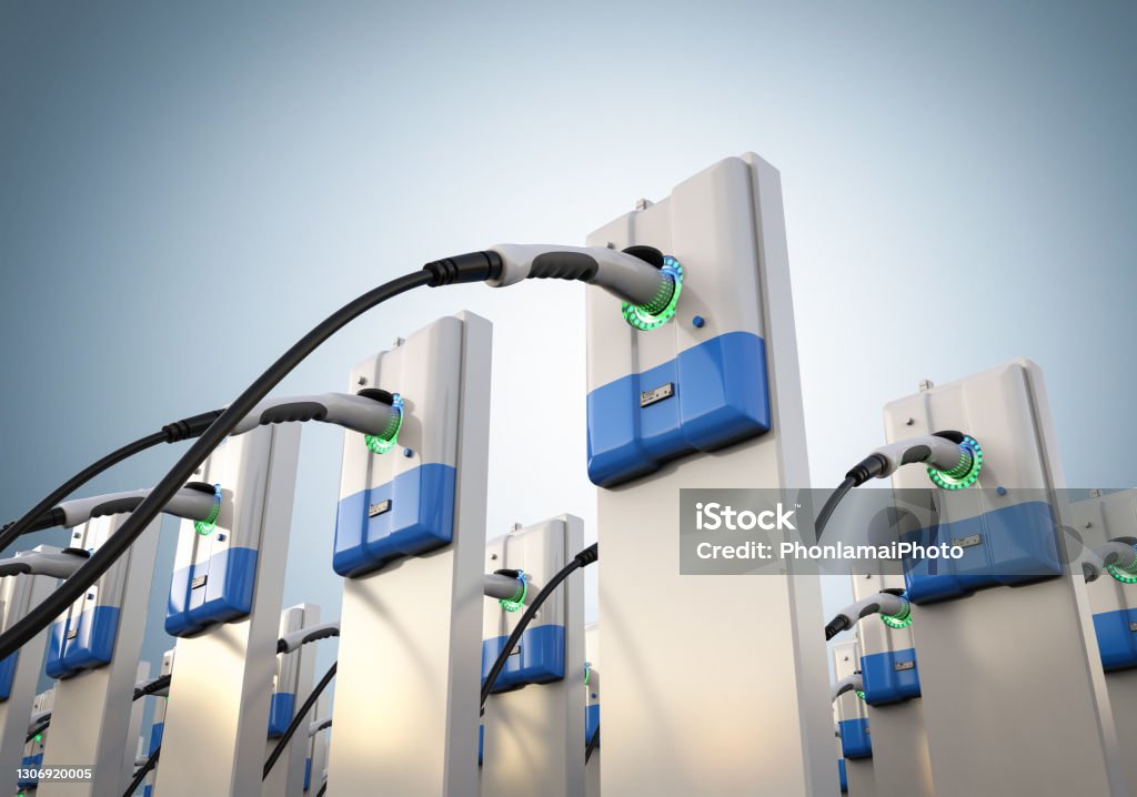 group of EV charging stations 3d rendering group of EV charging stations or electric vehicle recharging stations High Angle View Stock Photo
