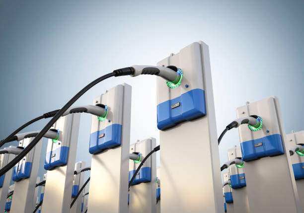 group of EV charging stations 3d rendering group of EV charging stations or electric vehicle recharging stations above stock pictures, royalty-free photos & images