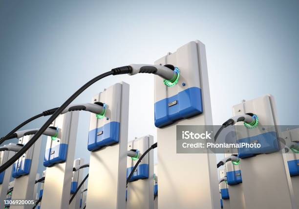Group Of Ev Charging Stations Stock Photo - Download Image Now - High Angle View, Charging - Sports, Electricity