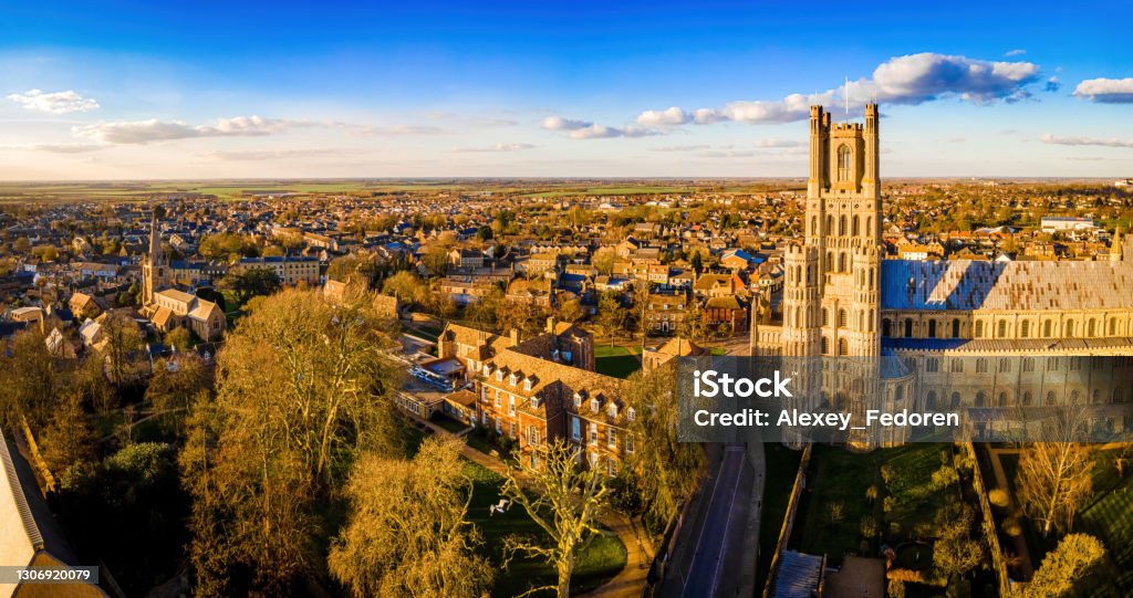 The aerial view of cathedral of Ely, a city in Cambridgeshire, England The aerial view of cathedral of Ely, a city in Cambridgeshire, England, UK Cambridgeshire Stock Photo