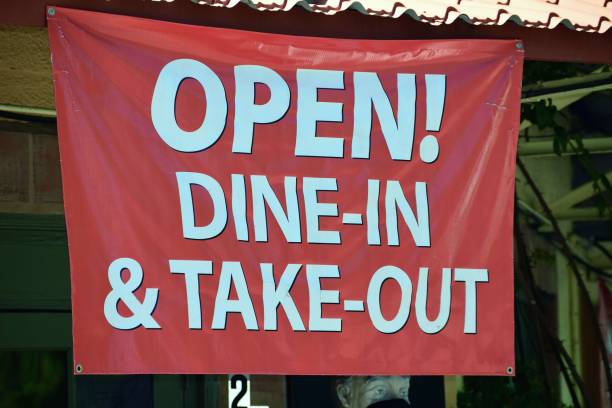 istock business sign: open for dine-in and take out 1306921780