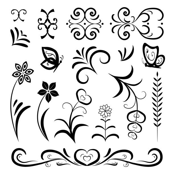 ilustrações, clipart, desenhos animados e ícones de conjunto vintage de elementos pretos lineares em um fundo branco. flores, folhas, cachos, corações para decoração de cartões românticos, convites, livros. símbolos elegantes para o seu design. - flourishes tattoo scroll ornate