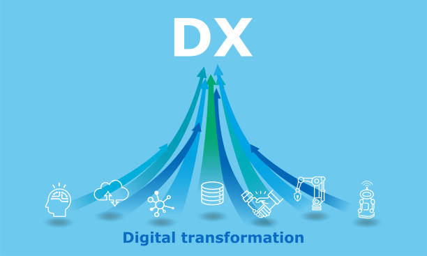 dx、デジタル変換画像、アイコンと上昇矢印、青の背景 - dx点のイラスト素材／クリップアート素材／マンガ素材／アイコン素材
