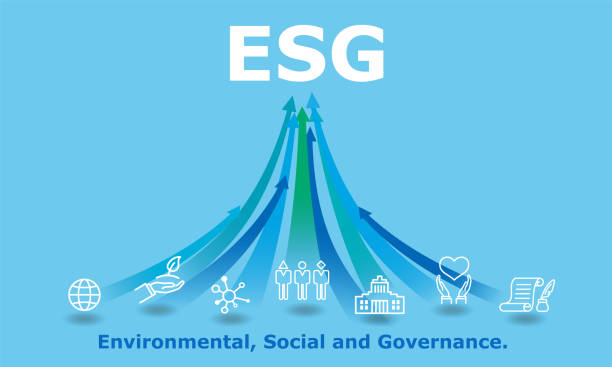 ESG,digital Environmental, Social, and Governance image,icon and rising arrow,blue background business environmental social corporate governance esg stock illustrations