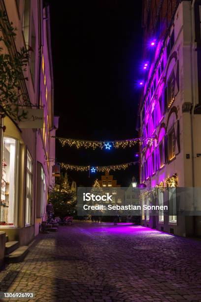 Festive Decorated Street With Lights At Advent Time In Old German Town Stock Photo - Download Image Now