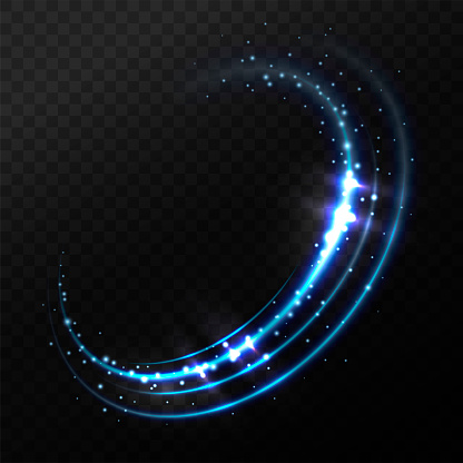 Dynamic blue lines with light effect. Rotating neon rings. Abstract glittering swirl, wave. Vector shining illustration