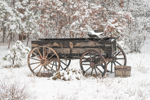 An old wooden horse drawn wagon sitting in snow.