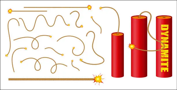 Vector illustration of set of realistic dynamite with burning wick or realistic bomb firecrackers or red bomb  fireworks with burning fuse. eps 10 vector, easy to modify