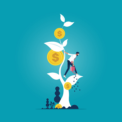 Businessman watering the money tree for the business and financial growth, business investment profit, Revenue and income metaphor