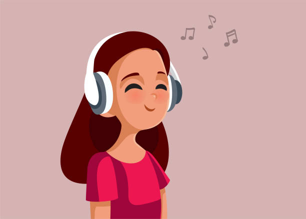 ilustraciones, imágenes clip art, dibujos animados e iconos de stock de feliz adolescente niña escuchando música - canturrear