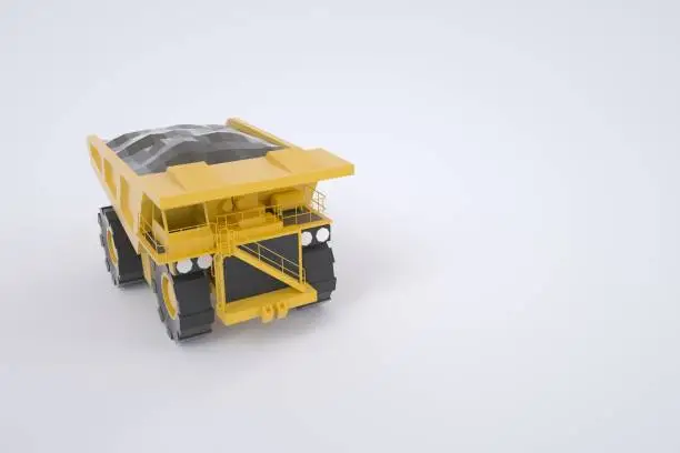 Photo of 3D graphics, a model of a yellow loading KAMAZ. Construction equipment. Yellow truck. Isolated truck on a white background. Front view
