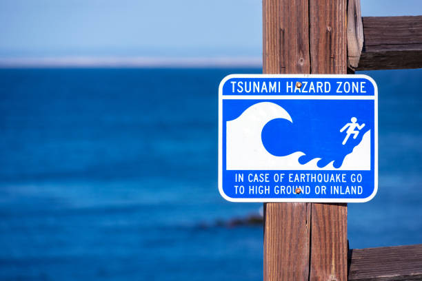 istock Tsunami Hazard Zone warning sign on the Pacific Ocean coast 1306948733