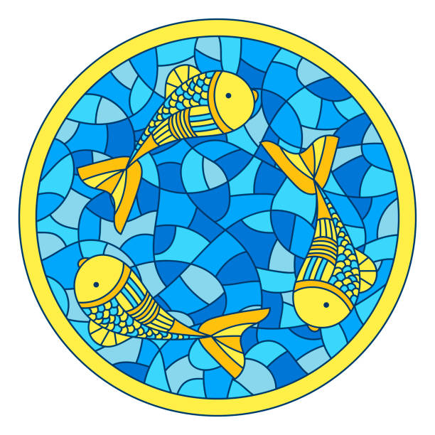 istock Underwater mosaic background. Hand-drawn contour illustrations of stained glass windows. Marine vector motif . Doodle fish round mosaic backdrop 1306949309