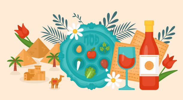 ilustraciones, imágenes clip art, dibujos animados e iconos de stock de diseño de banner navideño pesach de pascua con matzah, vino y placa seder. tarjeta de felicitación o plantilla de invitación de fiesta seder - passover matzo seder spring