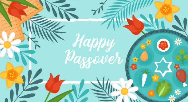 Vector illustration of Passover Pesach holiday banner design with matzah, seder plate and spring flowers. Greeting card or Seder party invitation template background