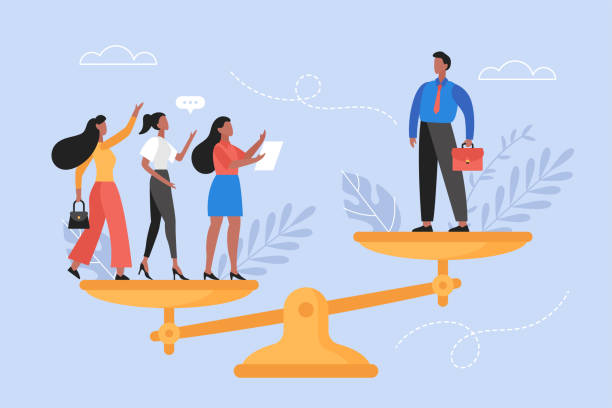 Gender inequality concept. Modern vector illustration of businessman and businesswomen standing on balance scales Gender inequality concept. Modern vector illustration of businessman and businesswomen standing on balance scales gender equality scale stock illustrations