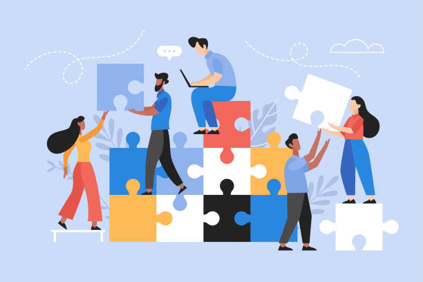 People searching for creative solutions. Teamwork business concept. Modern vector illustration of people connecting puzzle elements People searching for creative solutions. Teamwork business concept. Modern vector illustration of people connecting puzzle elements manager illustrations stock illustrations