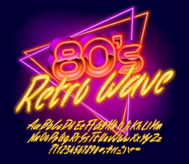 80s Retro Wave alphabet font. Hand drawing glowing letters, numbers and punctuations. Uppercase and lowercase. 80s Retro Wave alphabet font. Hand drawing glowing letters, numbers and punctuations. Uppercase and lowercase. Retro-futuristic vector typescript for your typography design. 80s stock illustrations
