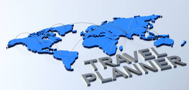 istock Metallic word travel planner with blue connecting world map. 3d illustration. 1306955433