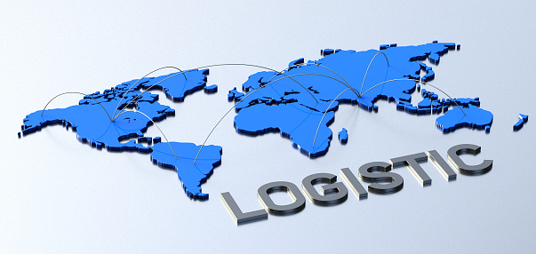 Metallic word logistic with blue connecting world map. 3d illustration.