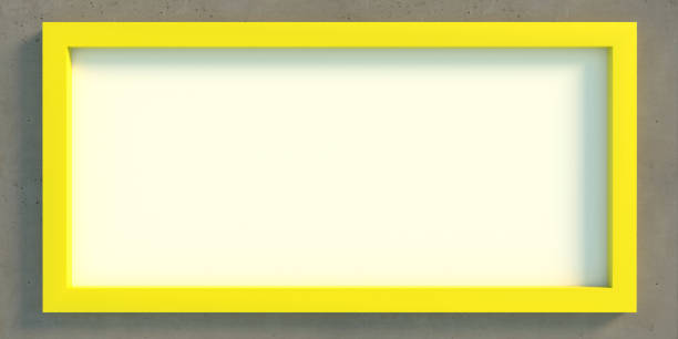 istock Yellow frame blank board on concrete grey wall background, texture. 3d illustration 1306957170