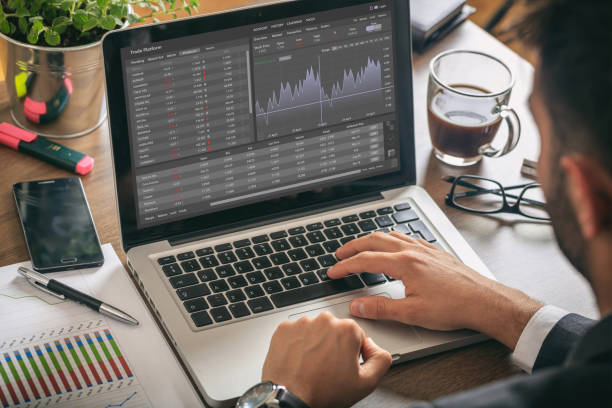 istock Trade platform, forex trading. Stock exchange market analysis on laptop screen 1306957178