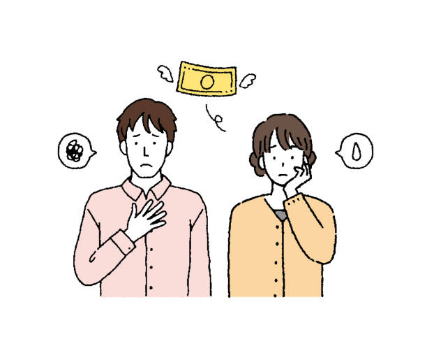 illustration eines jungen paares, das geld braucht - wallet couple stock-grafiken, -clipart, -cartoons und -symbole