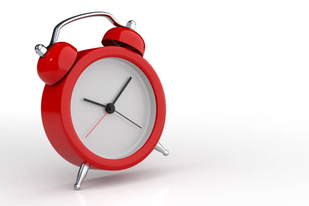 istock Red alarm clock wake-up time isolated on white background. 3D Rendering 1306961115