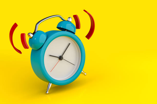 istock Blue alarm clock wake-up time isolated on yellow background. 3D Rendering 1306961116
